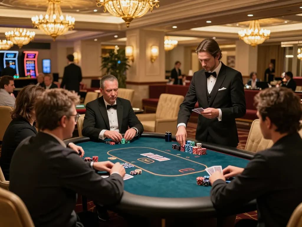GO8 VIP gaming atmosphere with engaged players at an elegant poker table.