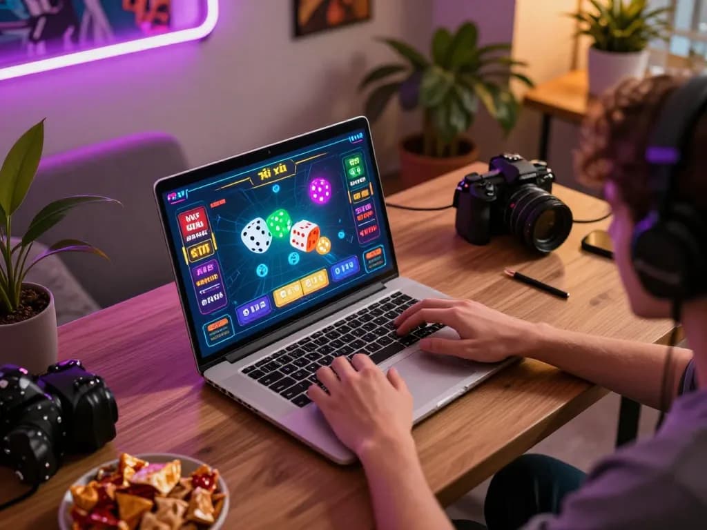 Engaging in tài xỉu online gameplay with a colorful interface and strategic betting on a laptop in a cozy home.