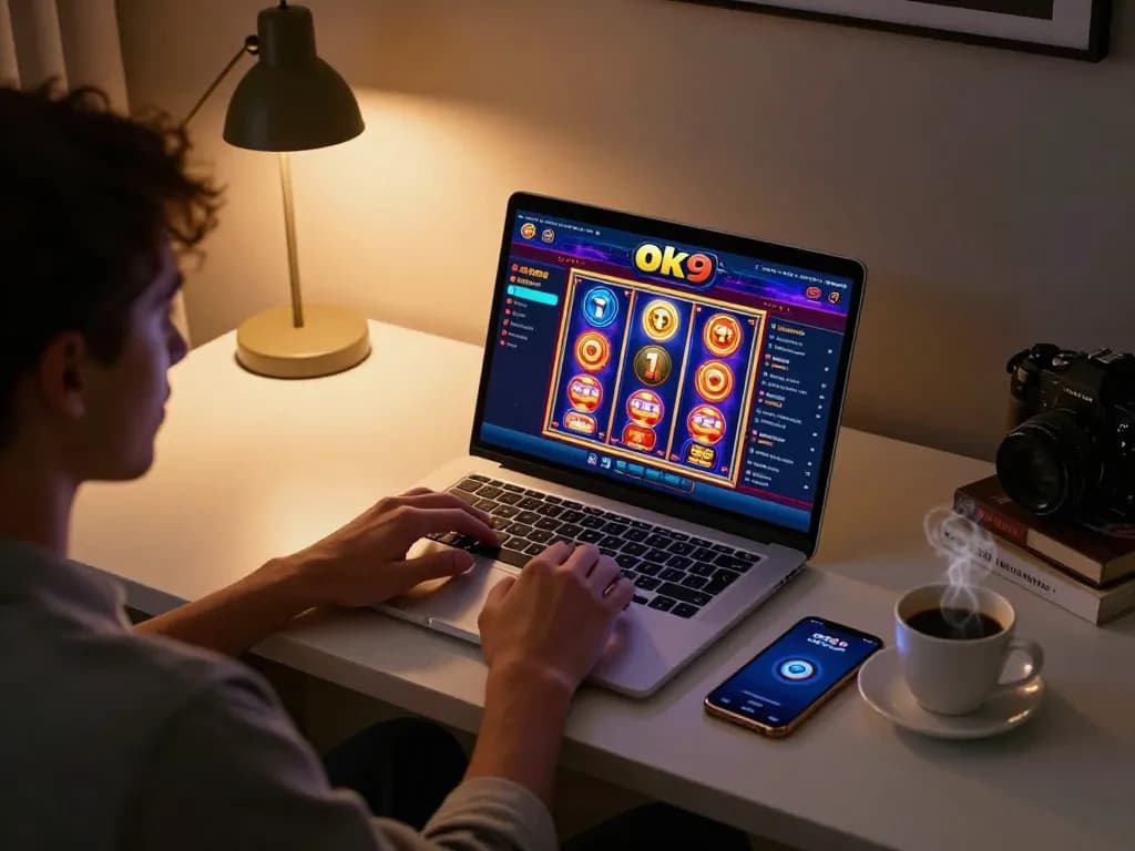 Engaging user enjoying Ok9 online casino gaming, vibrant slot games displayed on laptop, cozy atmosphere