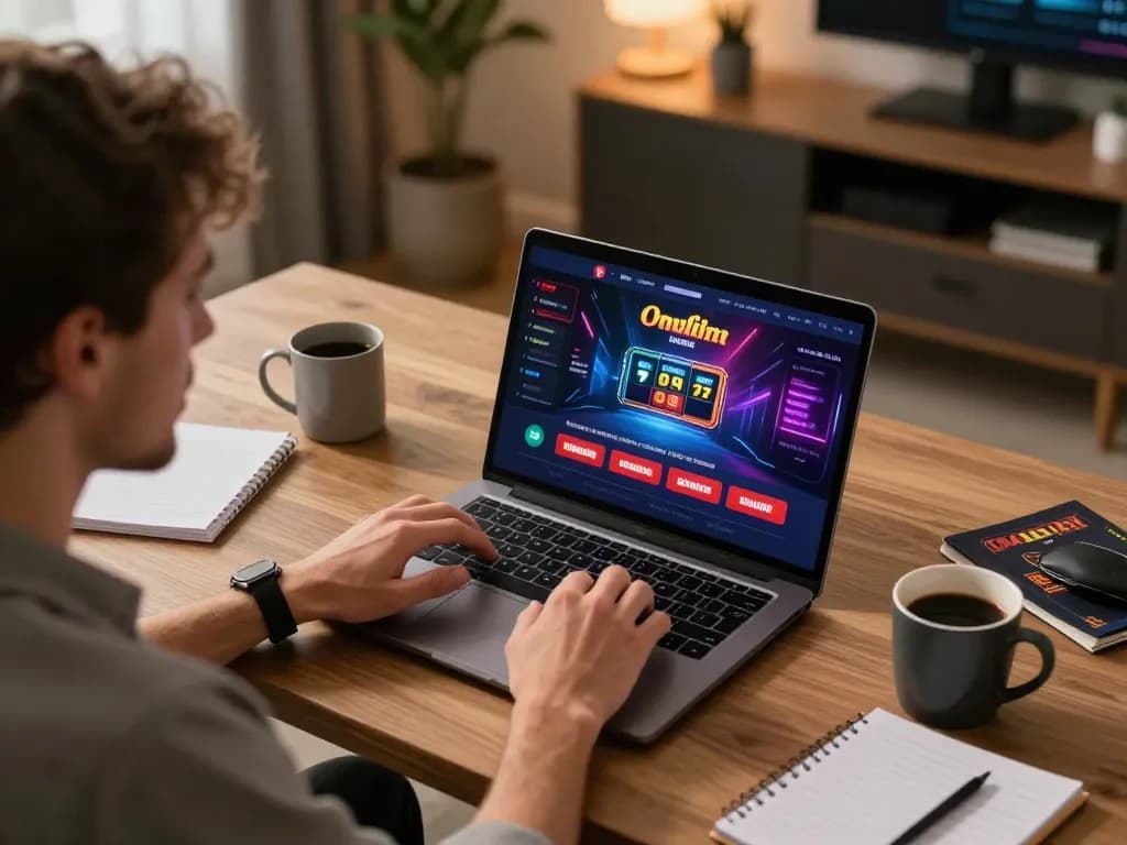 Engaging with fabet online casino on a laptop in a cozy modern home office setting.