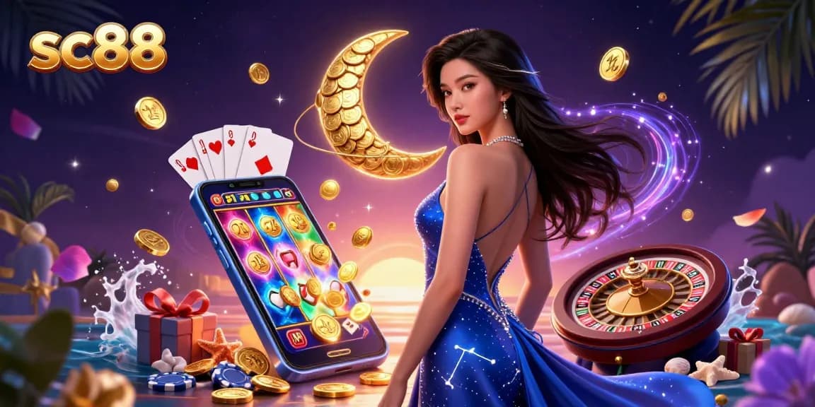 Engage with sc88's vibrant casino scene featuring a woman in a dazzling gown surrounded by games and rewards.