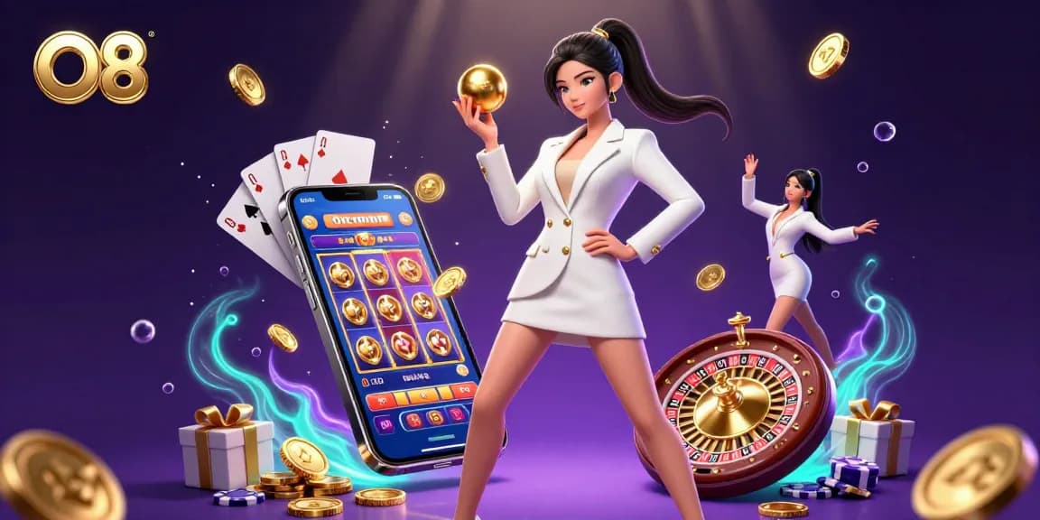Spin the reels at O8's luxurious casino, featuring a glamorous Asian dealer and vibrant gaming elements.