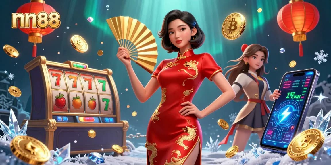 Spin the reels with nn88's vibrant illustration showcasing a confident woman amidst slots and crypto elements.