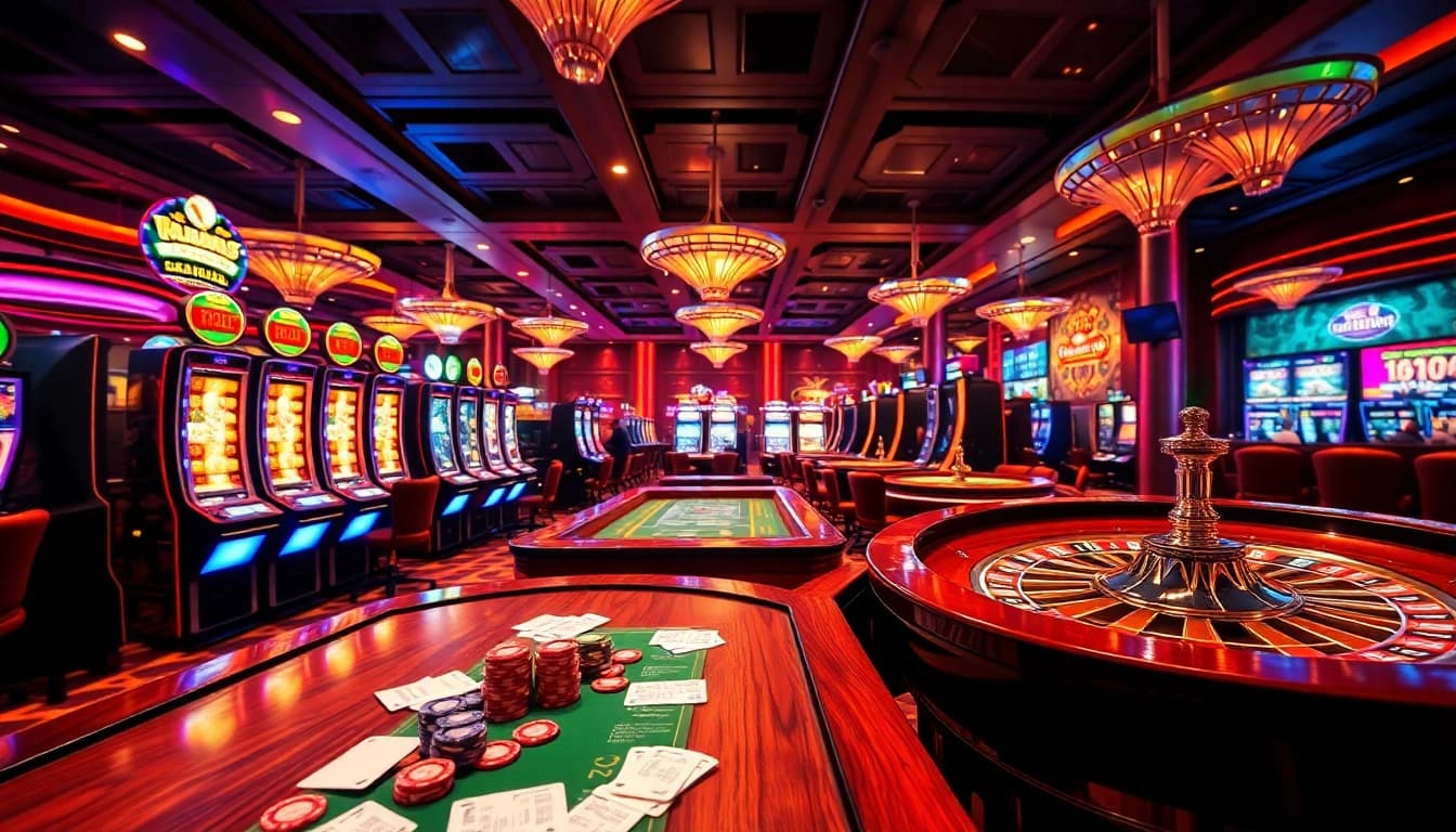 Experience thrilling gameplay at tg88 featuring vibrant slot machines and energetic gamblers.