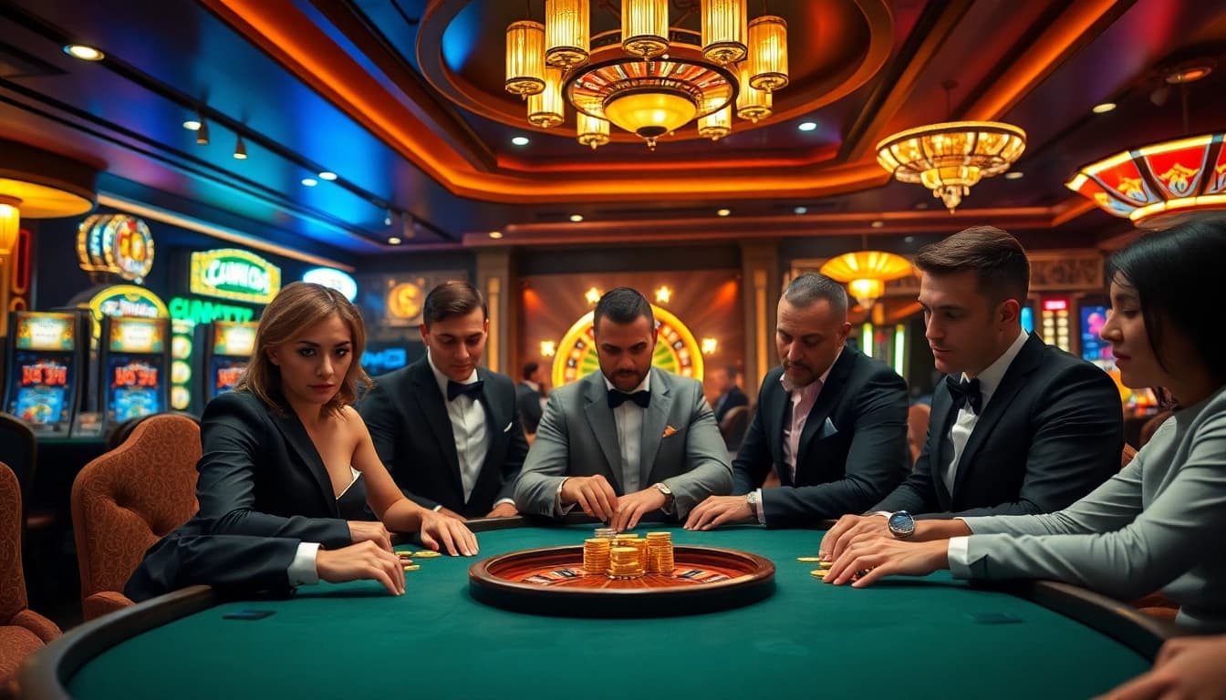 Experience the thrilling atmosphere of cakhiatv with professional gamblers at a poker table.