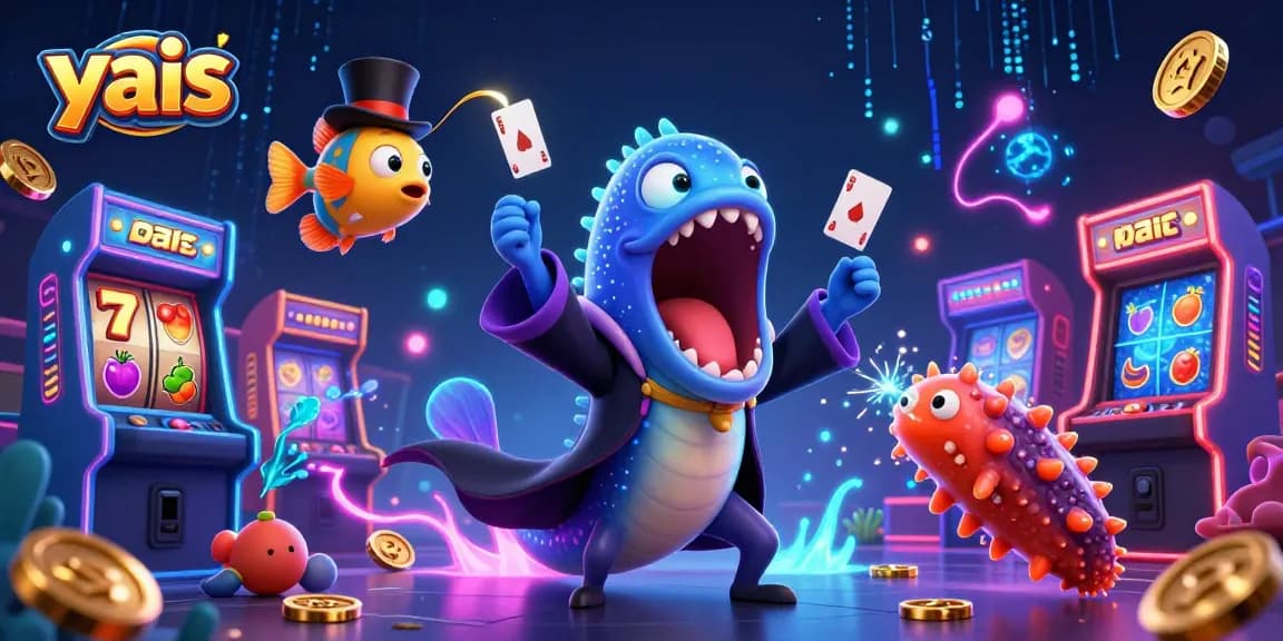 yais showcases a magical casino scene with engaging characters performing captivating card tricks among vibrant slot games.