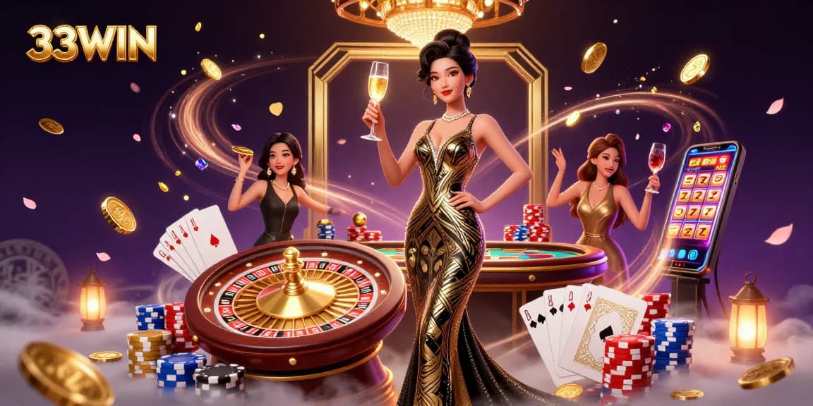 Win big at 33WIN with a glamorous casino scene filled with golden coins, roulette, and poker.