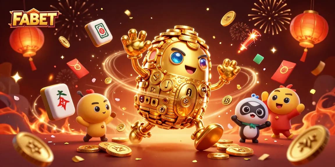 Engage with the thrilling FABET casino experience featuring a vibrant 3D golden golem amidst dynamic gaming elements.