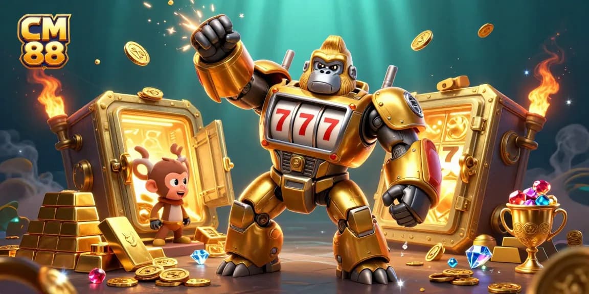 Join the action at CM 88 with a golden gorilla mech illustration bursting with jackpots and treasures.