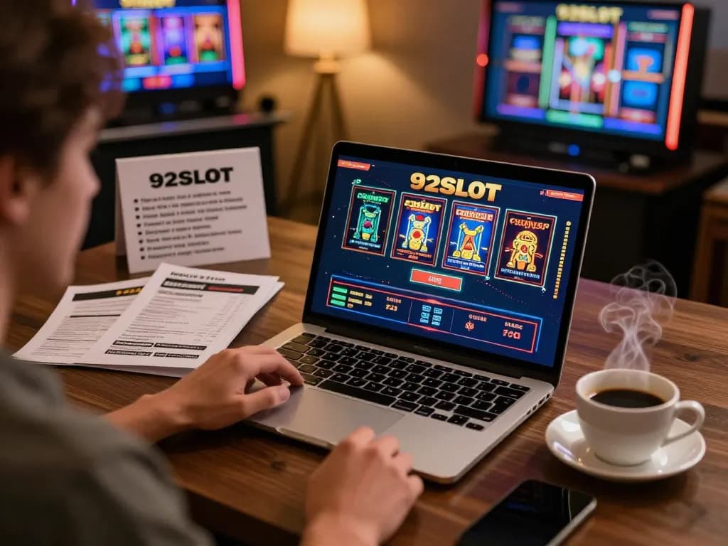 Engaging with 92SLOT online casino through stylish laptop while sipping coffee.