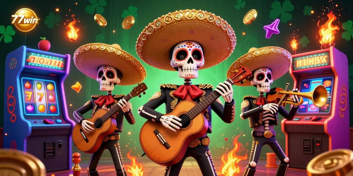 Join the fun at 77win with this vibrant 3D scene featuring a lively mariachi band and casino elements in action.