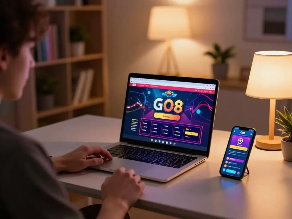 Engaging in responsible gaming at home with GO8 online casino setup on a laptop.