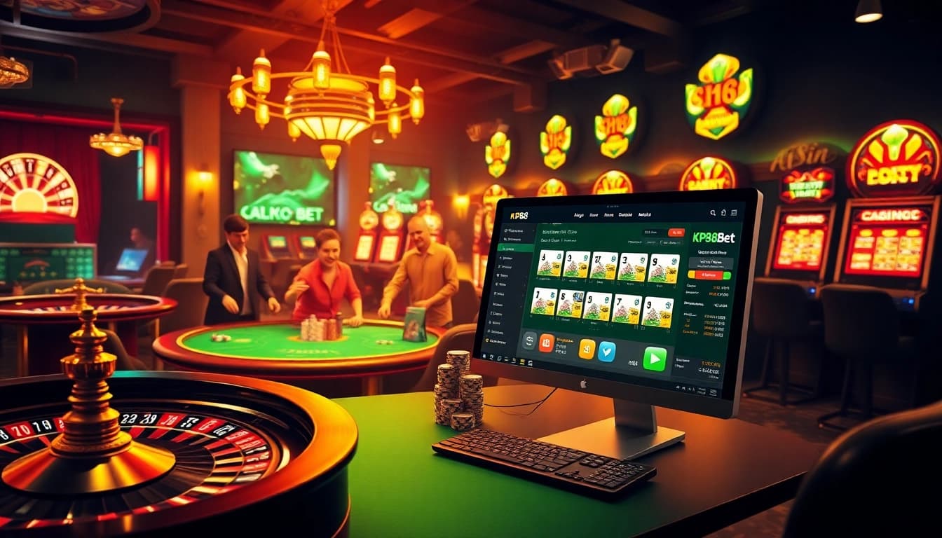 Experience the thrill of kp88 bet with an engaging online casino scene featuring poker and slot machines.