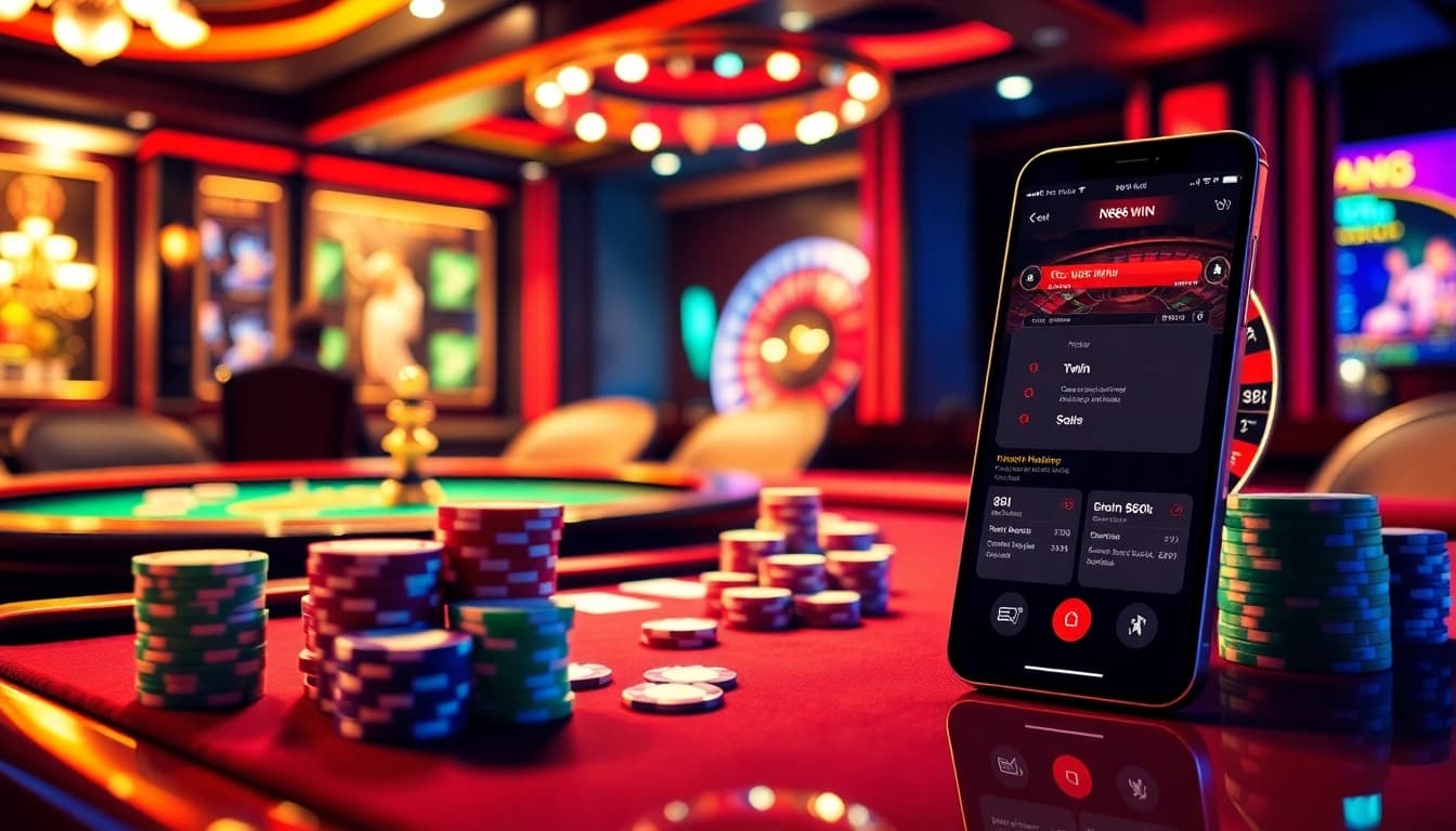 Engaging casino scene highlighting NK88 win with players at a poker table and a roulette wheel.