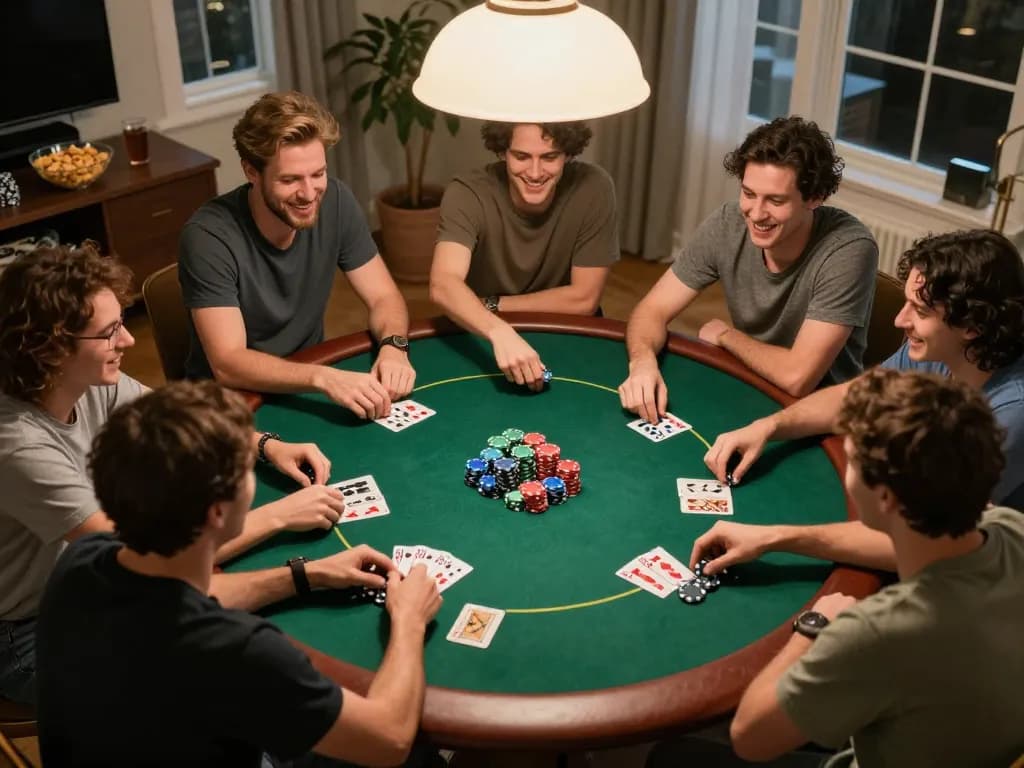Friends enjoying a lively poker game night at home, contributing to the excitement of 33win gambling.