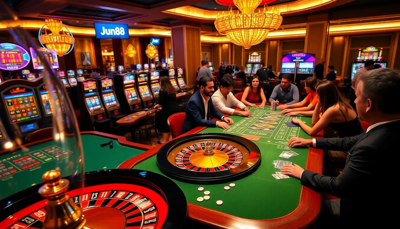 Players enjoying a thrilling gaming experience at Jun88 casino with roulette, poker, and slot machines.