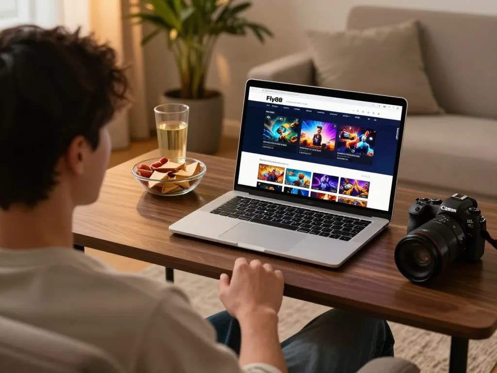 Engaging online gaming experience at fly88 with cozy home setup, player focused on the screen.