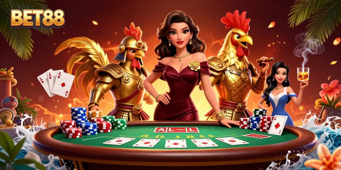 Experience thrilling poker action with BET88's glamorous casino adventure illustration.