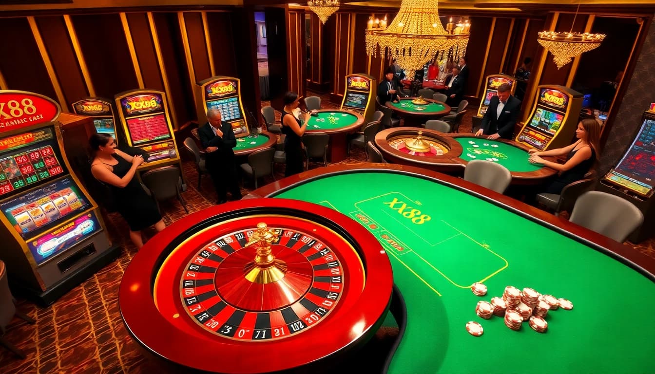 Experience the excitement of gambling at XX88's vibrant casino featuring a luxurious roulette table and slot machines.