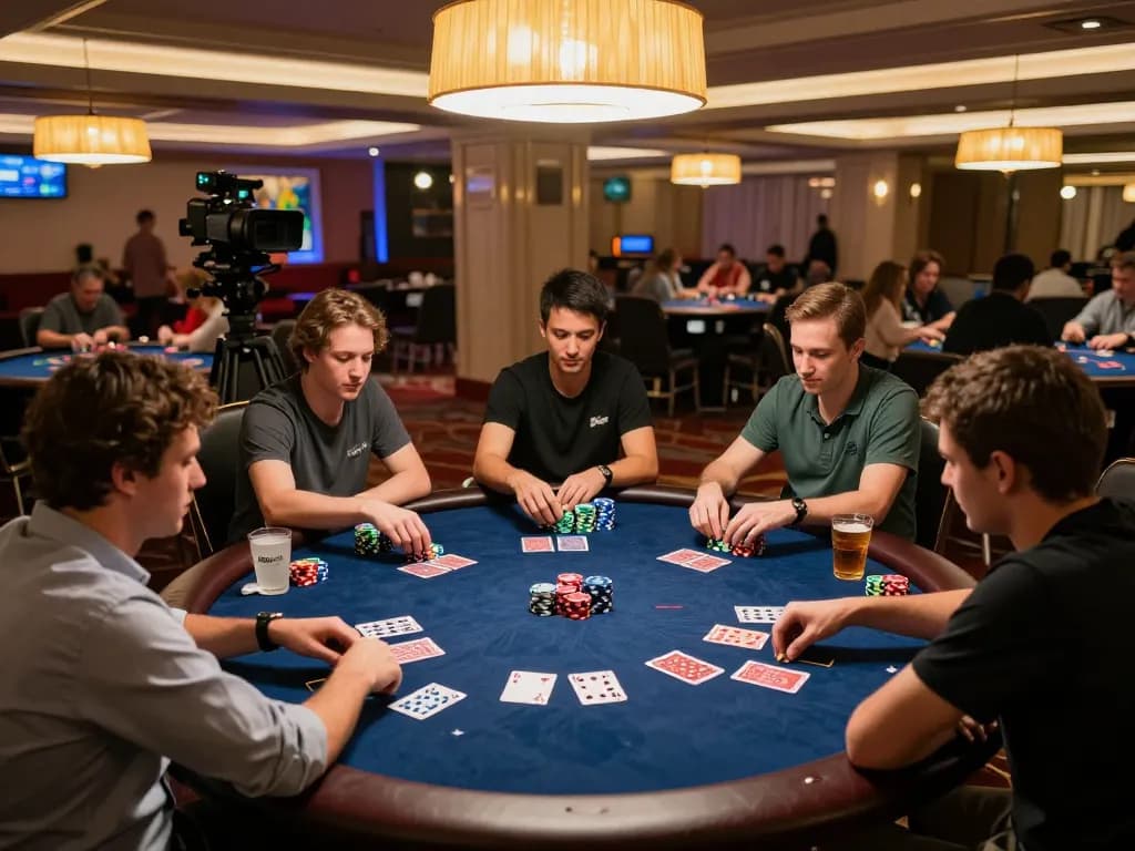 Engaged players at a poker table during a live game at 999bet casino.