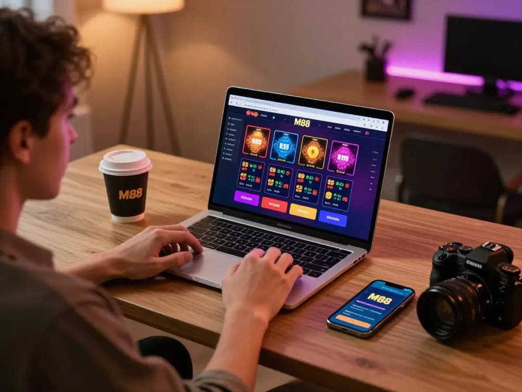 Engaged user exploring online gambling at https://www.mnm88.com/ on laptop, showcasing M88 casino interface and gaming excitement.