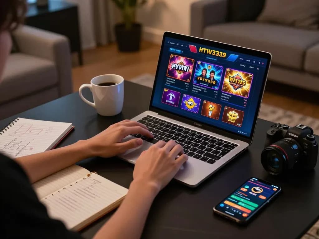 Player engaging in HYTW3339 online casino on laptop with strategic notes and cozy atmosphere.