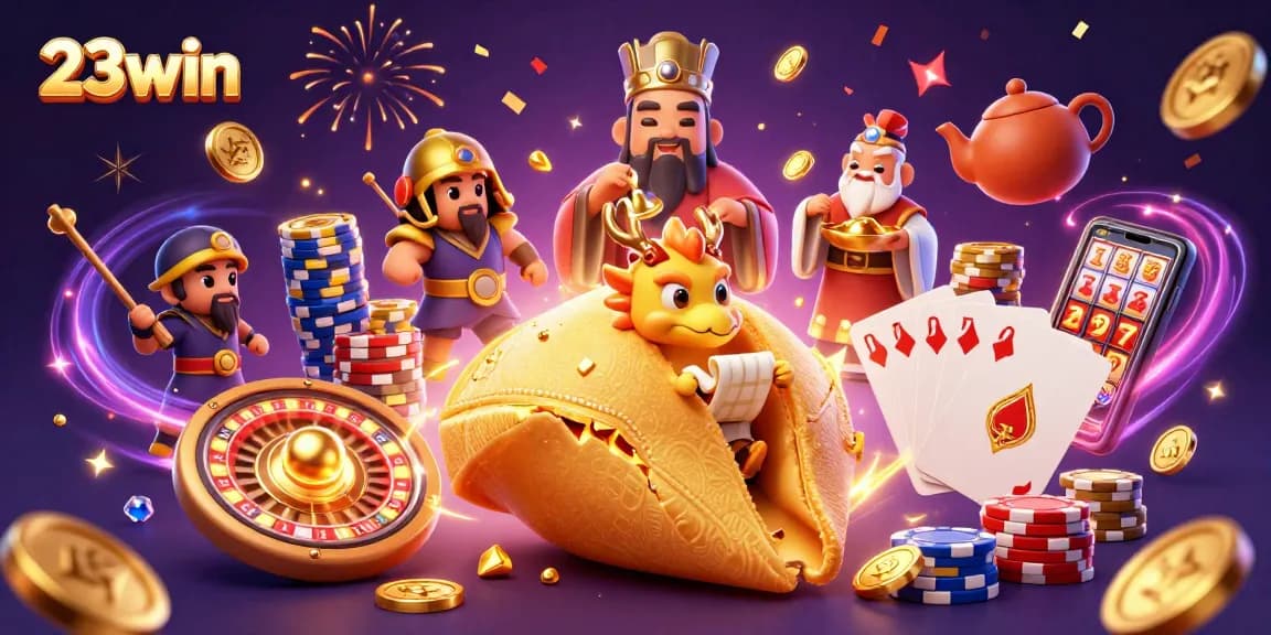 Experience the excitement of 23win as golden coins and treasures fly around a whimsical dragon and warriors.
