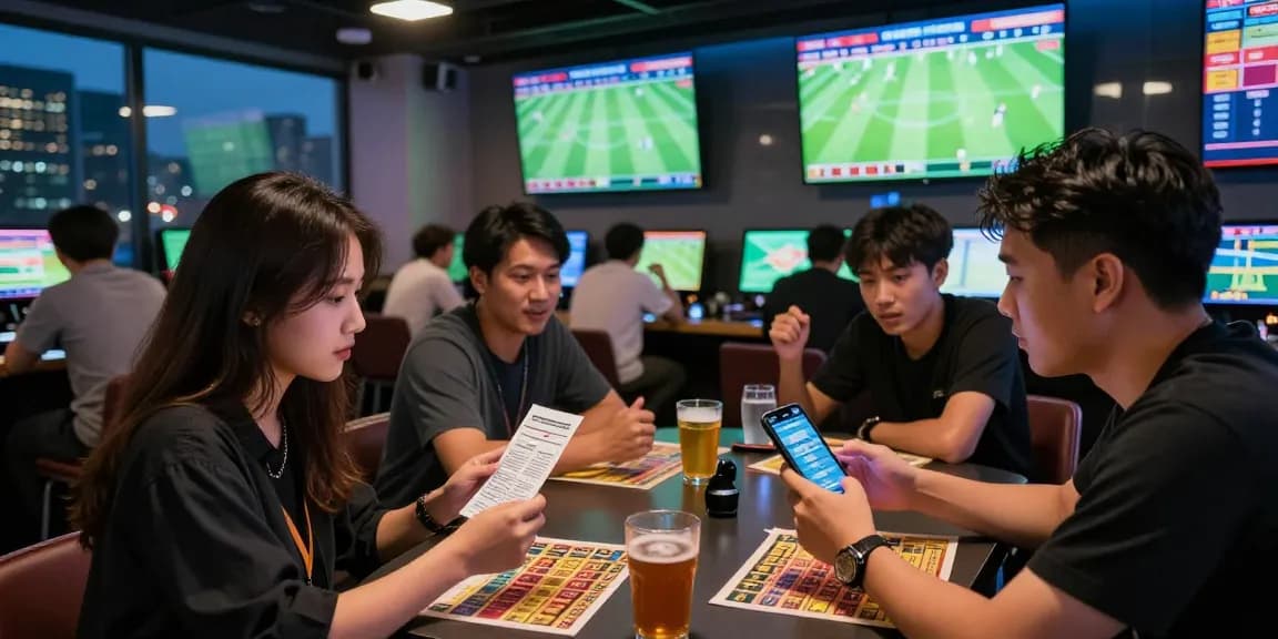 Enthusiastic sports bettors in a dynamic lounge engaging with ty le keo nha cai and live football matches.