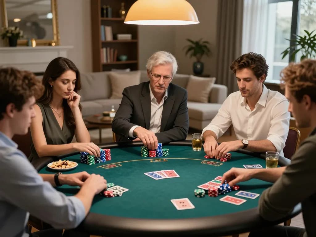 Players at home enjoying Texas Hold'em game on 577F platform, vibrant chips and cards in action