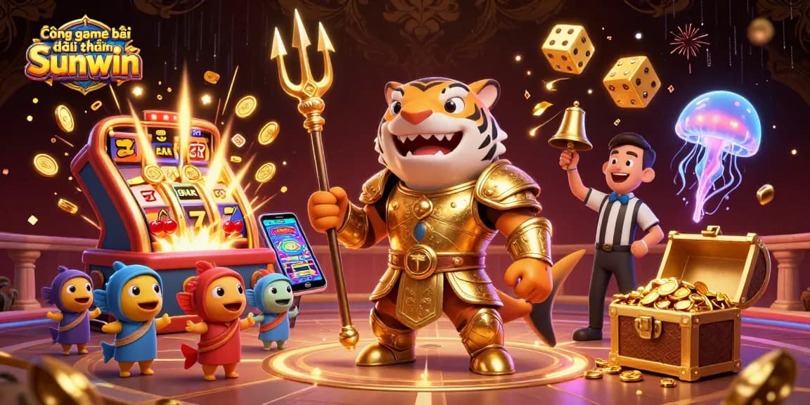 Cổng game bài đổi thưởng Sunwin showcases an epic underwater colosseum scene featuring a gladiator shark and dynamic casino game elements.