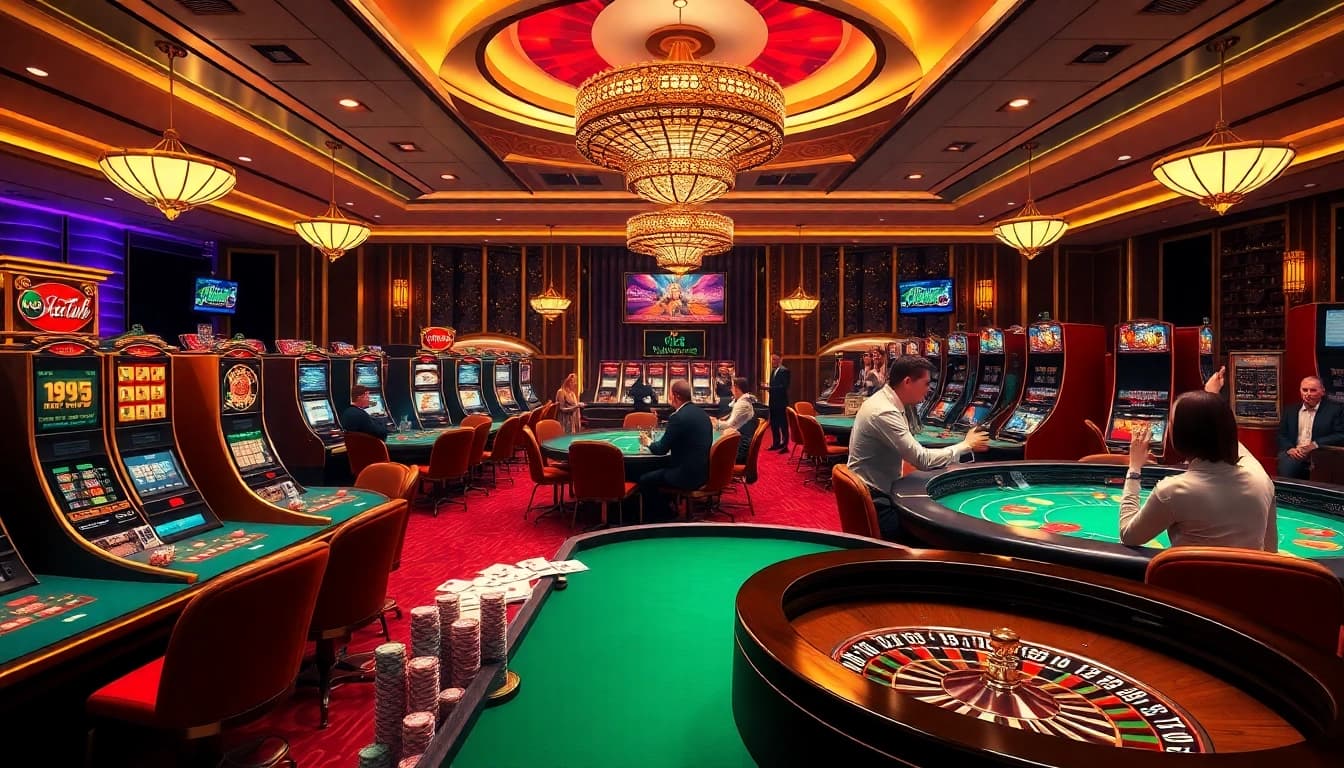Players enjoying vibrant games at Hitclub, showcasing thrilling gambling action with casino tables and slot machines.