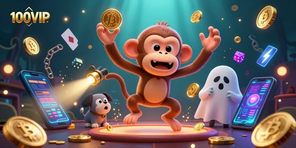 Engage with exciting 100VIP casino adventures featuring playful characters and crypto elements.