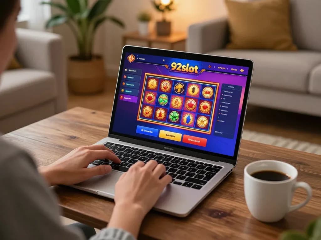 Engaging with 92slot online gaming at home, person playing with laptop and colors reflecting joy