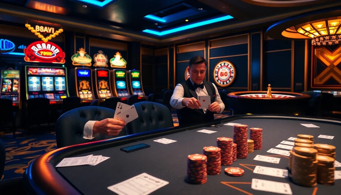 Experience thrilling gaming at 888VI with an elegant poker game in a luxurious casino.