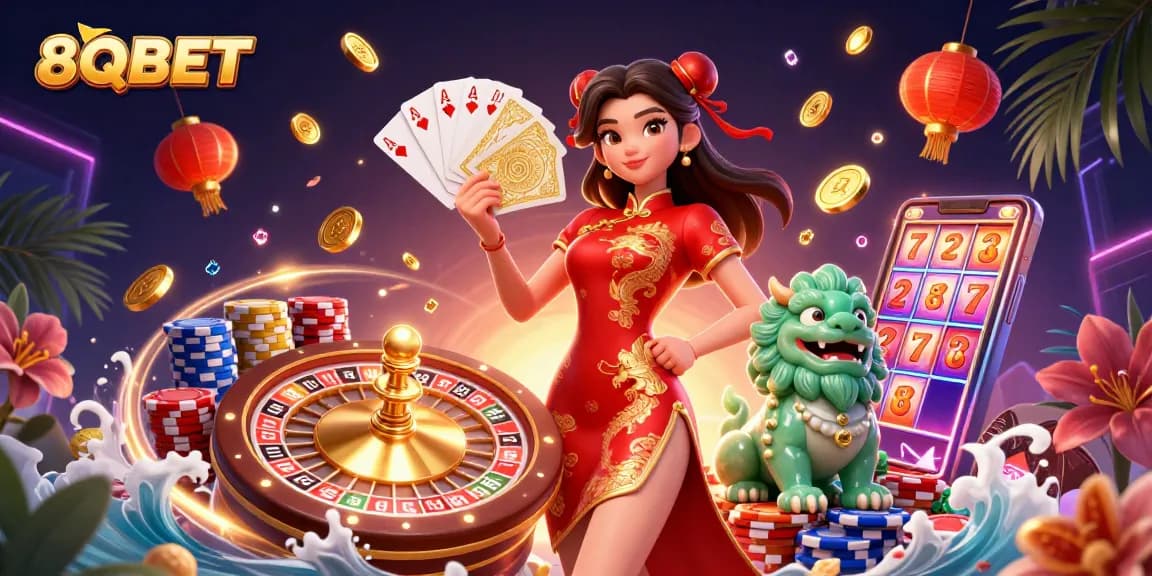 Experience excitement with 8QBET's vibrant casino scene featuring games, winning opportunities, and dynamic characters.