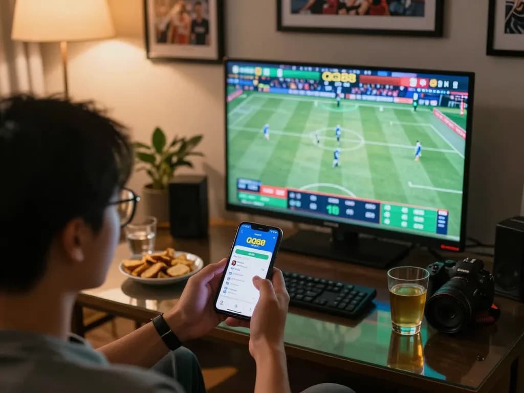 Betting on live sports with QQ88 app in a cozy home setting, showcasing excitement and strategy.