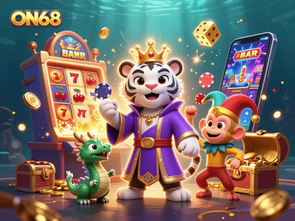 Experience winning with ON68 as a royal tiger, jester monkey, and jade dragon ignite the casino scene.
