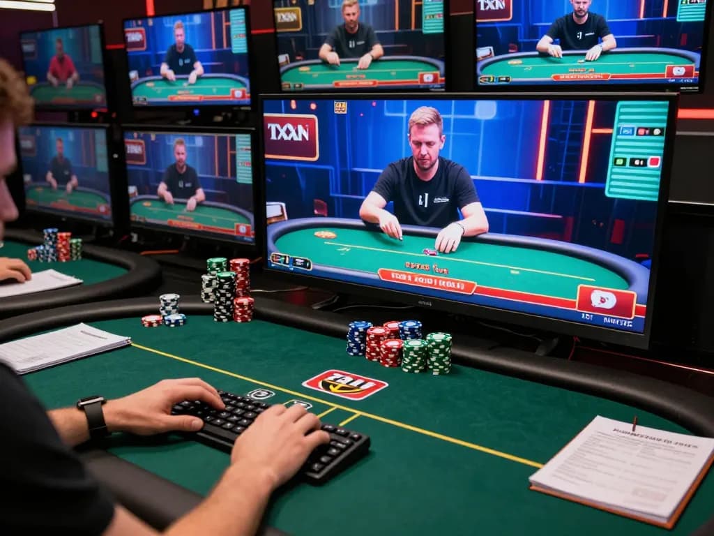 Player focused on strategic moves in online poker at sc88 gaming setup, multiple screens showing high-stakes action.