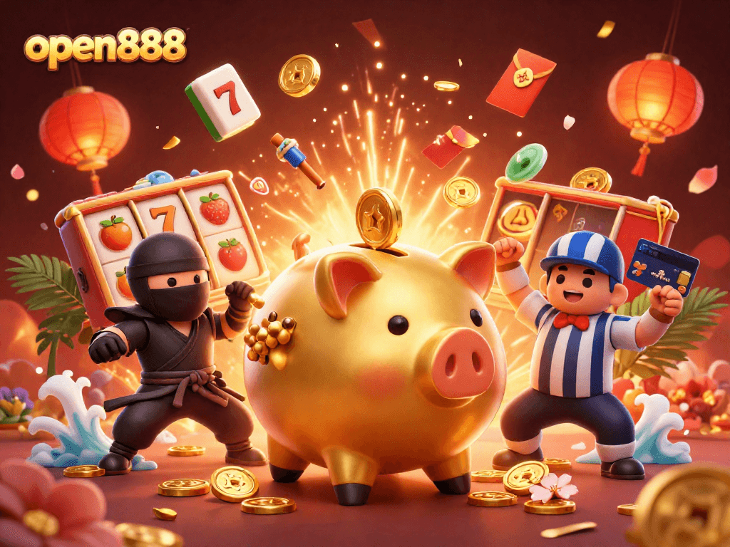 Experience excitement at open888 with vibrant slot reels and characters celebrating wins in 3D.