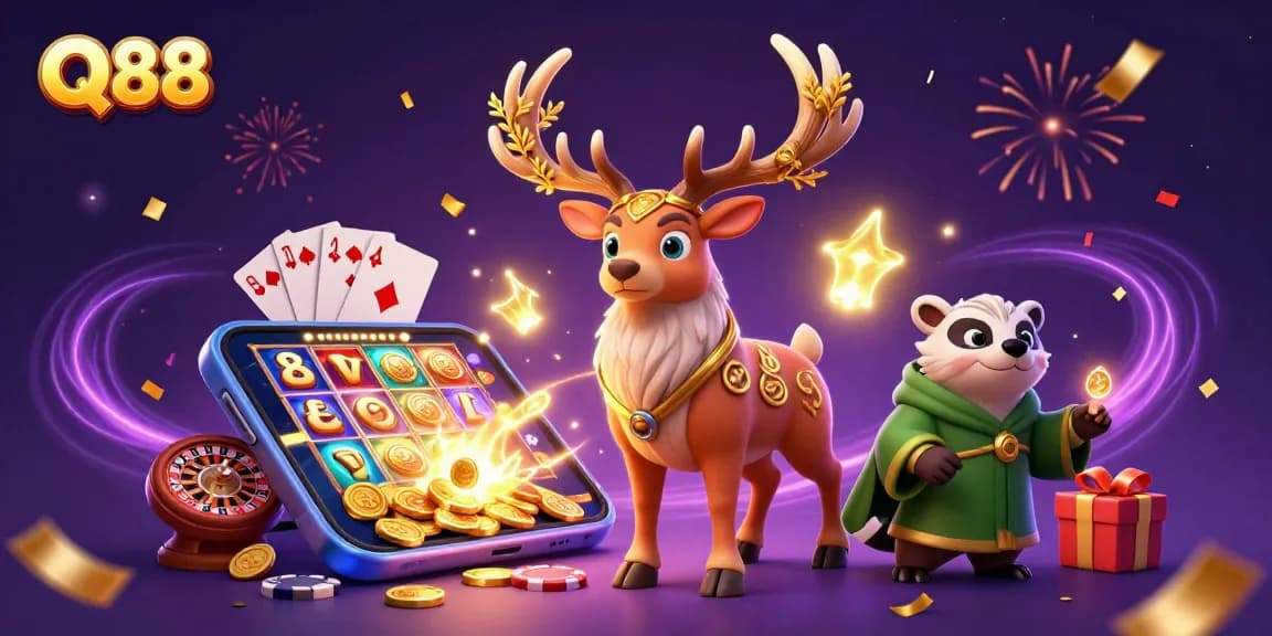 Experience excitement with Q88, where a Celtic druid stag meets vibrant slot games and magic.