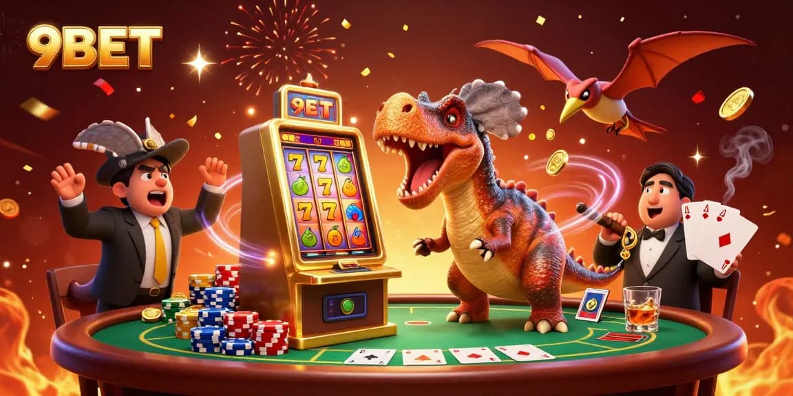Experience thrilling wins at 9BET with a pachycephalosaurus triggering jackpot coins from a slot machine.