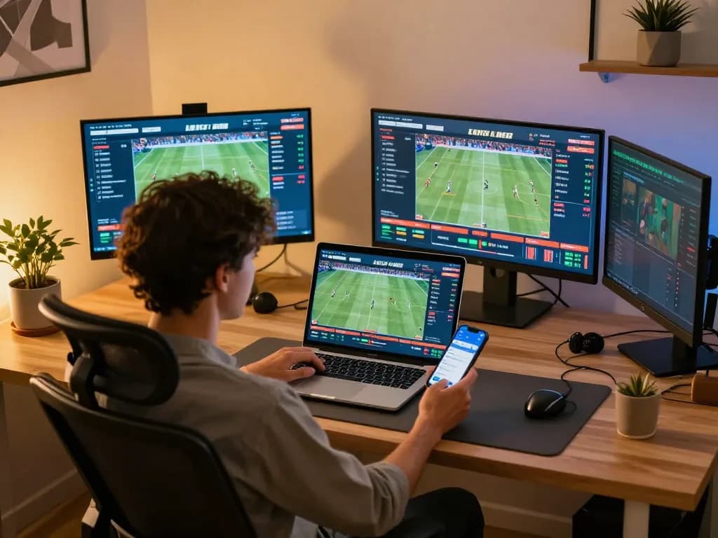 Engaged bettor reviewing sports betting odds on a laptop at home, showcasing lc88an strategies for successful wagering.