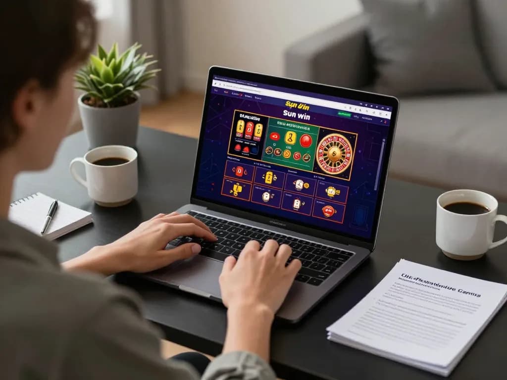 Engaging online gambling experience with sun win platform displayed on laptop in a cozy setting.