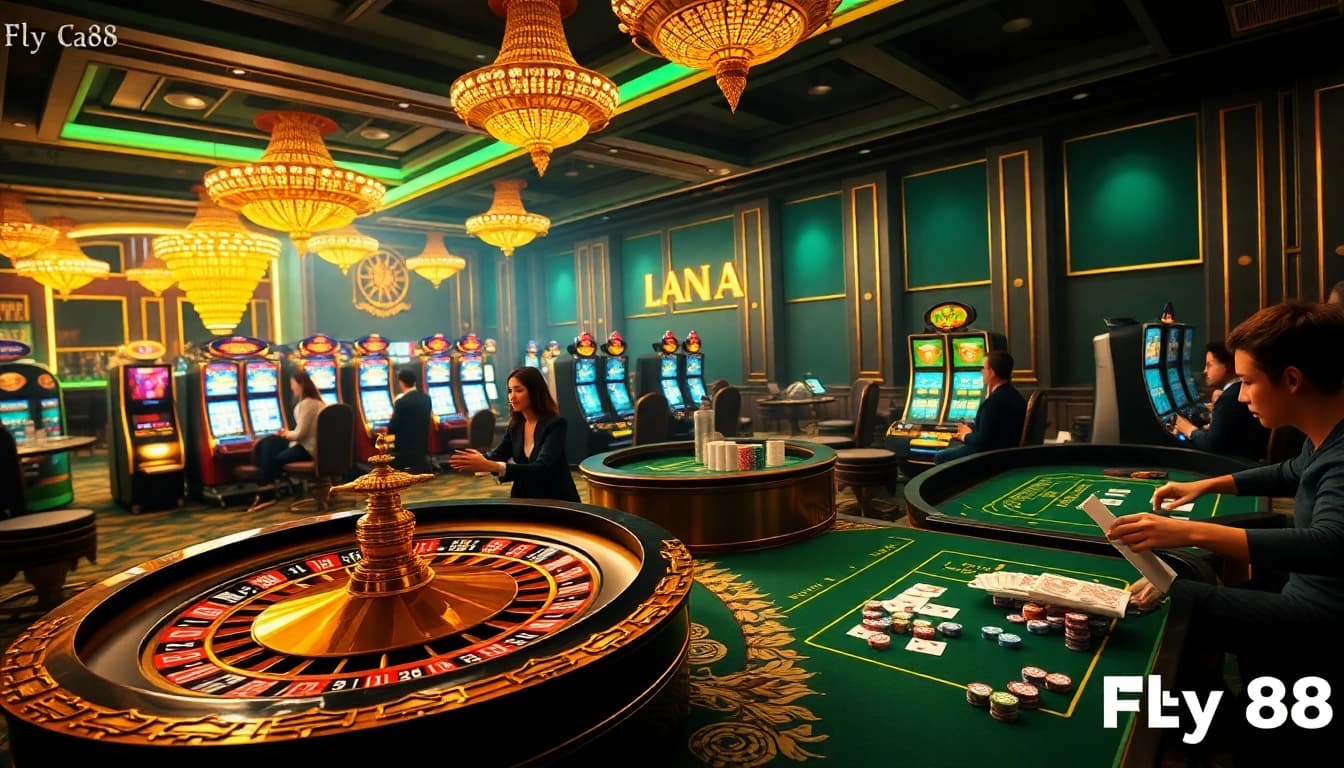 Action-filled gambling scene at nhà cái Fly88 featuring colorful casino tables and vibrant gaming atmosphere.