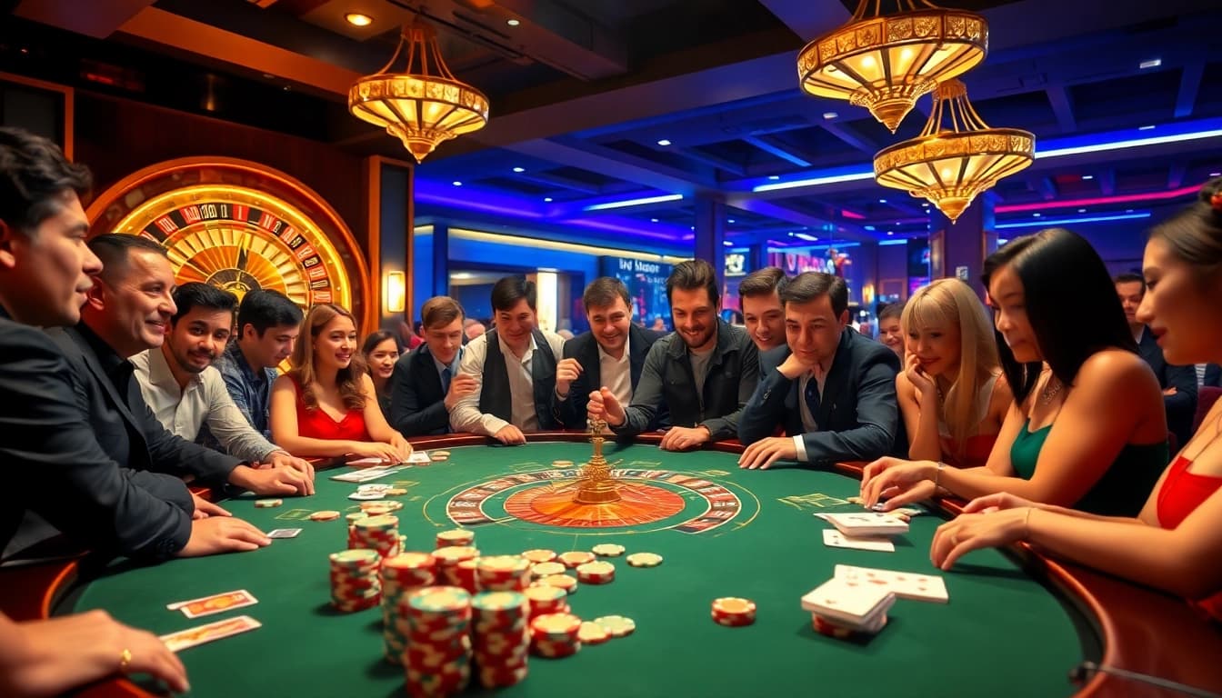 Players enjoying a thrilling game at a UU88 casino table with poker chips and cards.