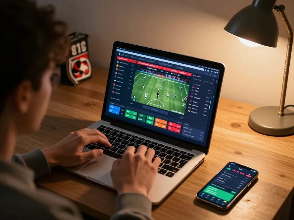 Engage in live sports betting on onbet with dynamic odds on a laptop amid a cozy home office setup.