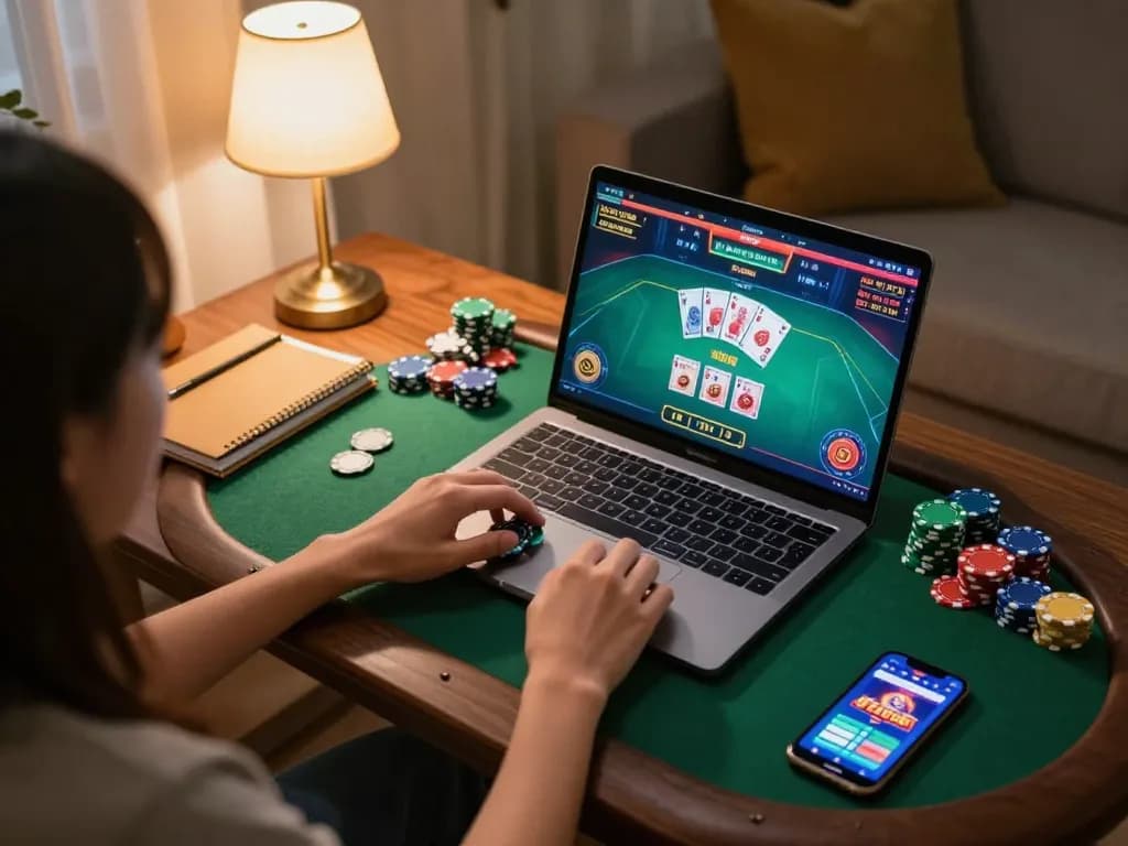 Player at home using xin88 com for online poker with engaging gameplay displayed on screen