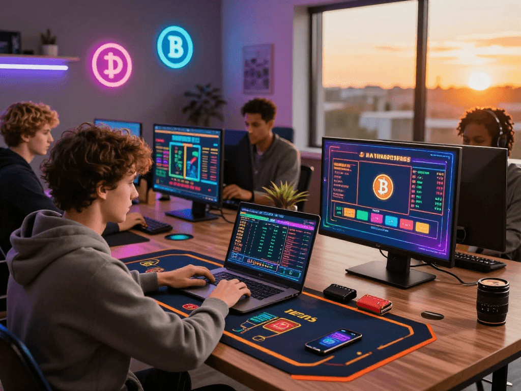 Engaging crypto casino scene with players immersed in live games and vibrant digital graphics.