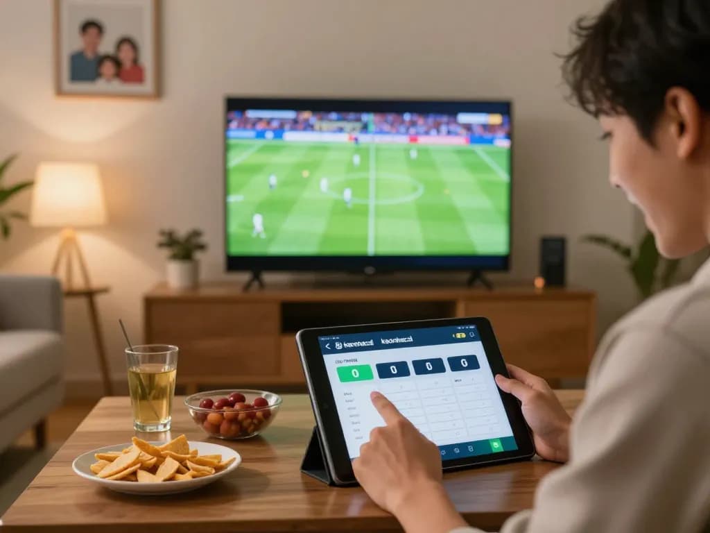 Person using keonhacai app on tablet to place sports bets while watching game at home