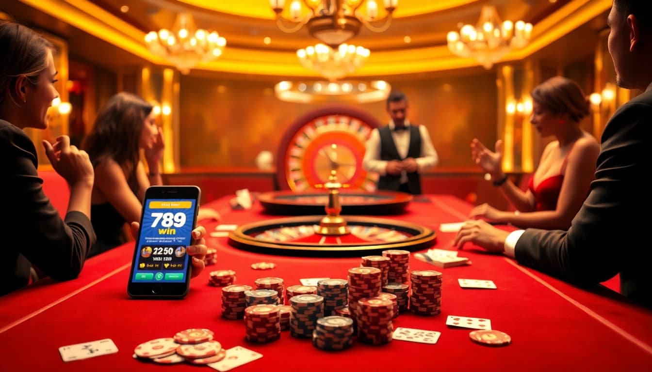 Players strategizing at a vibrant table in a luxurious casino setting, showcasing 789 win excitement.